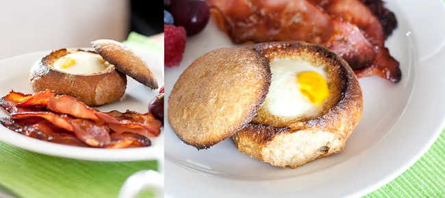 My baked eggs in wholewheat crusty rolls with hickory smoked bacon