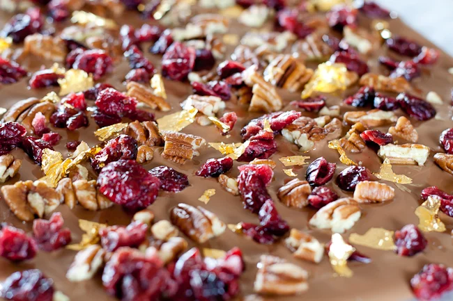 Roasted Pecan, Dried Cranberry & Gold Leaf Milk Chocolate Bark