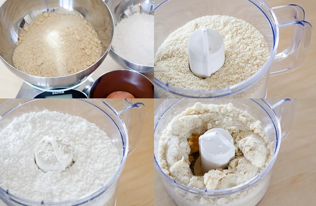 Three simple ingredients processed together to make almond paste