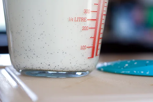 Tiny specks of vanilla seeds settling in the cooling cream mixture