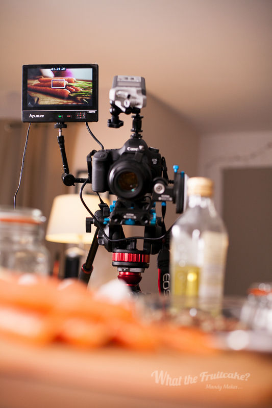 What I see when I'm self-shooting a video. I have a small field monitor (I have two, a Lilliput and this is the Aputure in shot) facing back at myself so I can see what is in frame, also good to see that it's actually recording! 