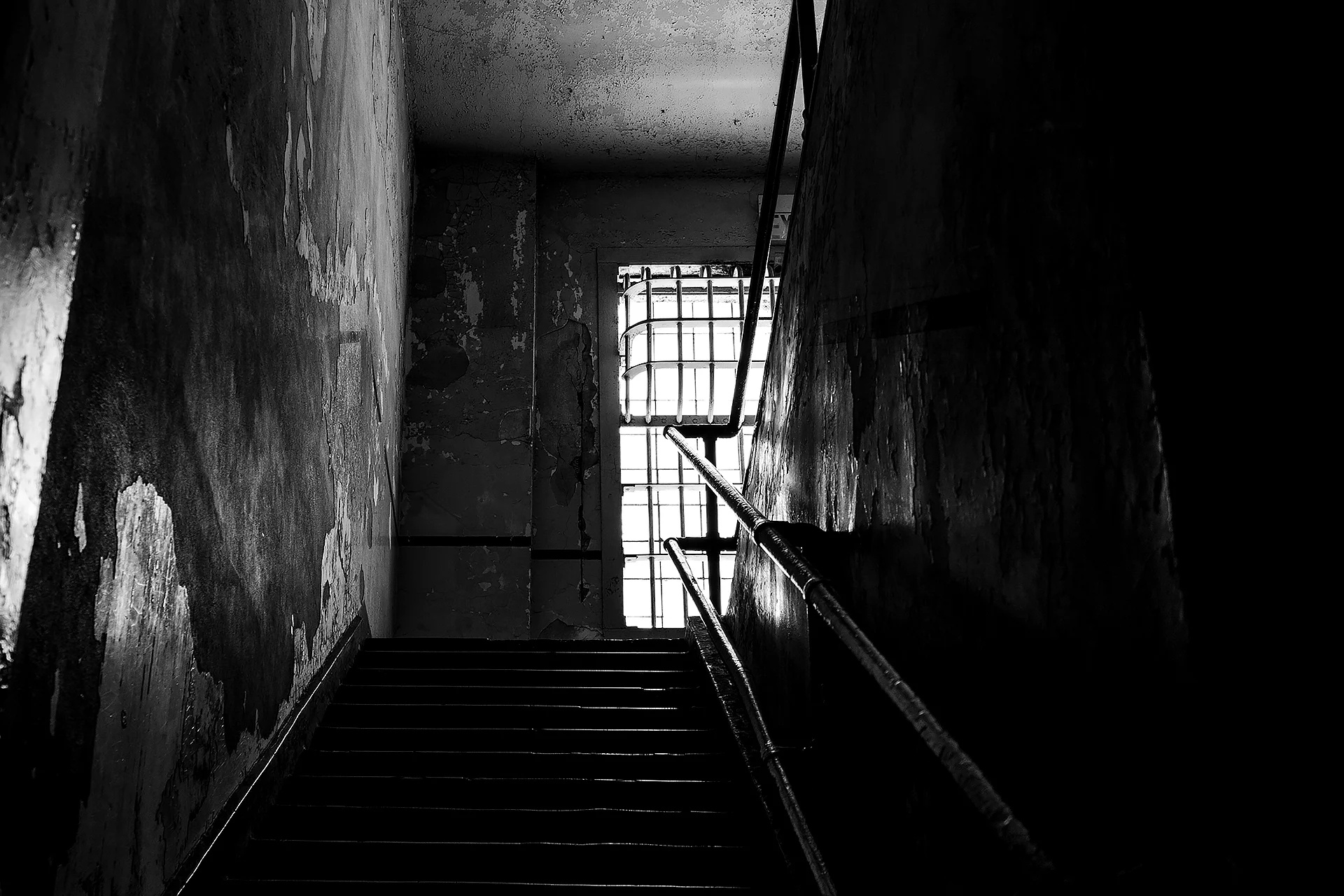 View up the stairs that lead to the prison hospital at Alcatraz.