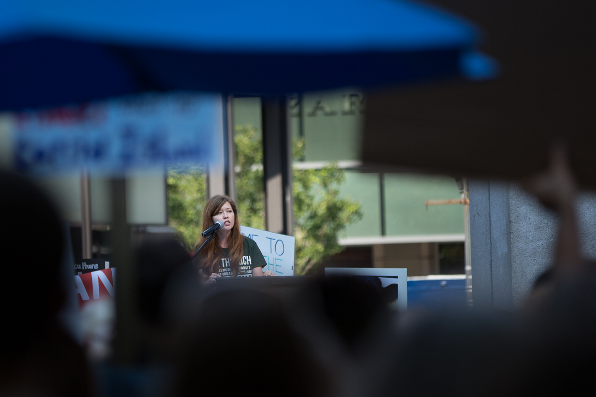 Jess Spear continues her address of the crowd that gathered before the People's Climate march began. Seattle, WA.