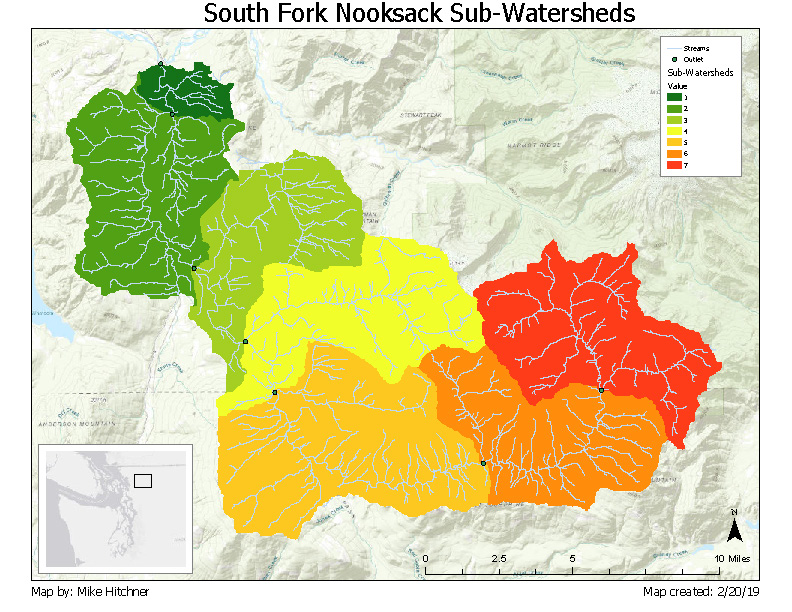 Sub-Watersheds This map displays the sub-watersheds within the South Fork Nooksack watershed. Based on our analysis there are 7 sub-watersheds within the SFN watershed.