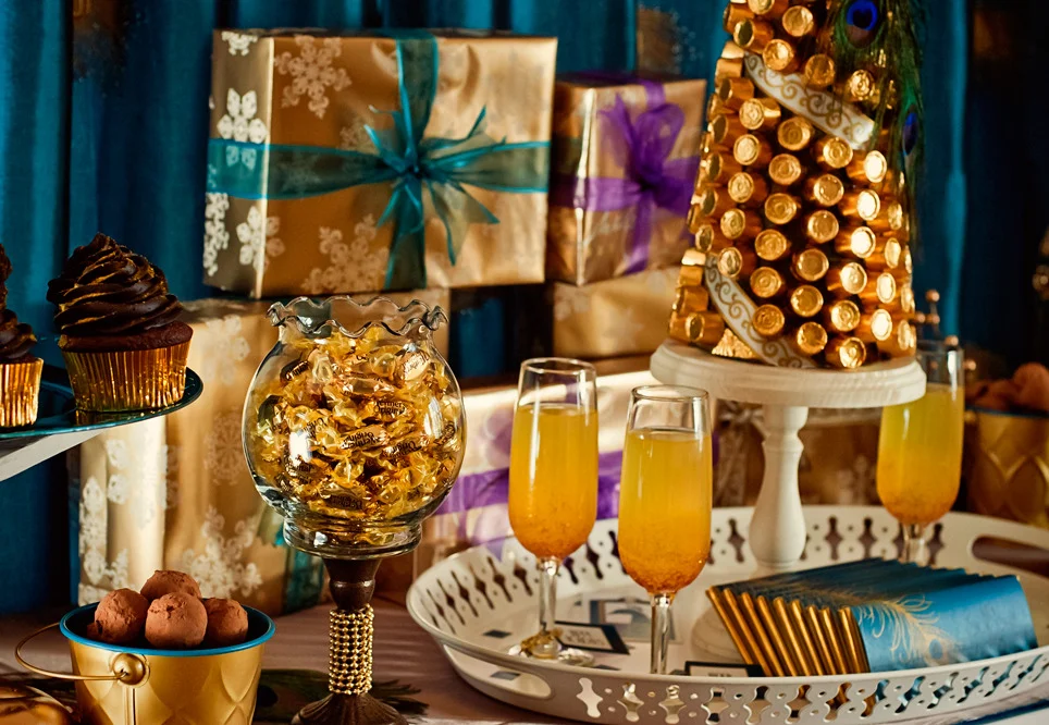 Birds of a Feather: Peacock & Gold Golden Glam Retro 20's Holiday Dessert Table