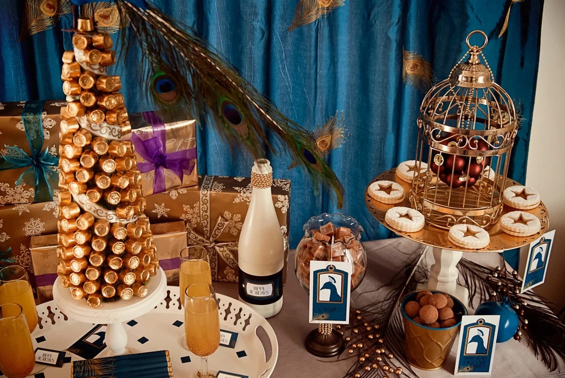 Birds of a Feather: Peacock & Gold Golden Glam Retro 20's Holiday Dessert Table