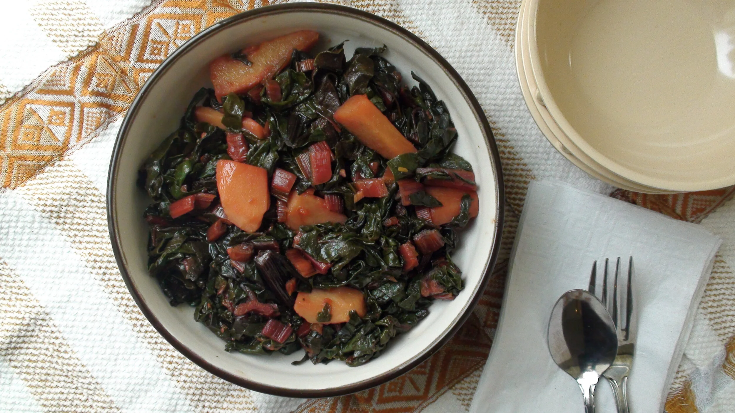 Kosta be dench Rainbow chard and potato stir fry — Eleni's Kitchen