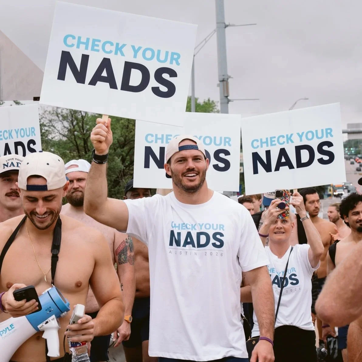 Participants gather at the NADS ‘Check Your Nads’ March in Austin supporting Testicular Cancer Awareness Foundation and raising awareness for early detection.