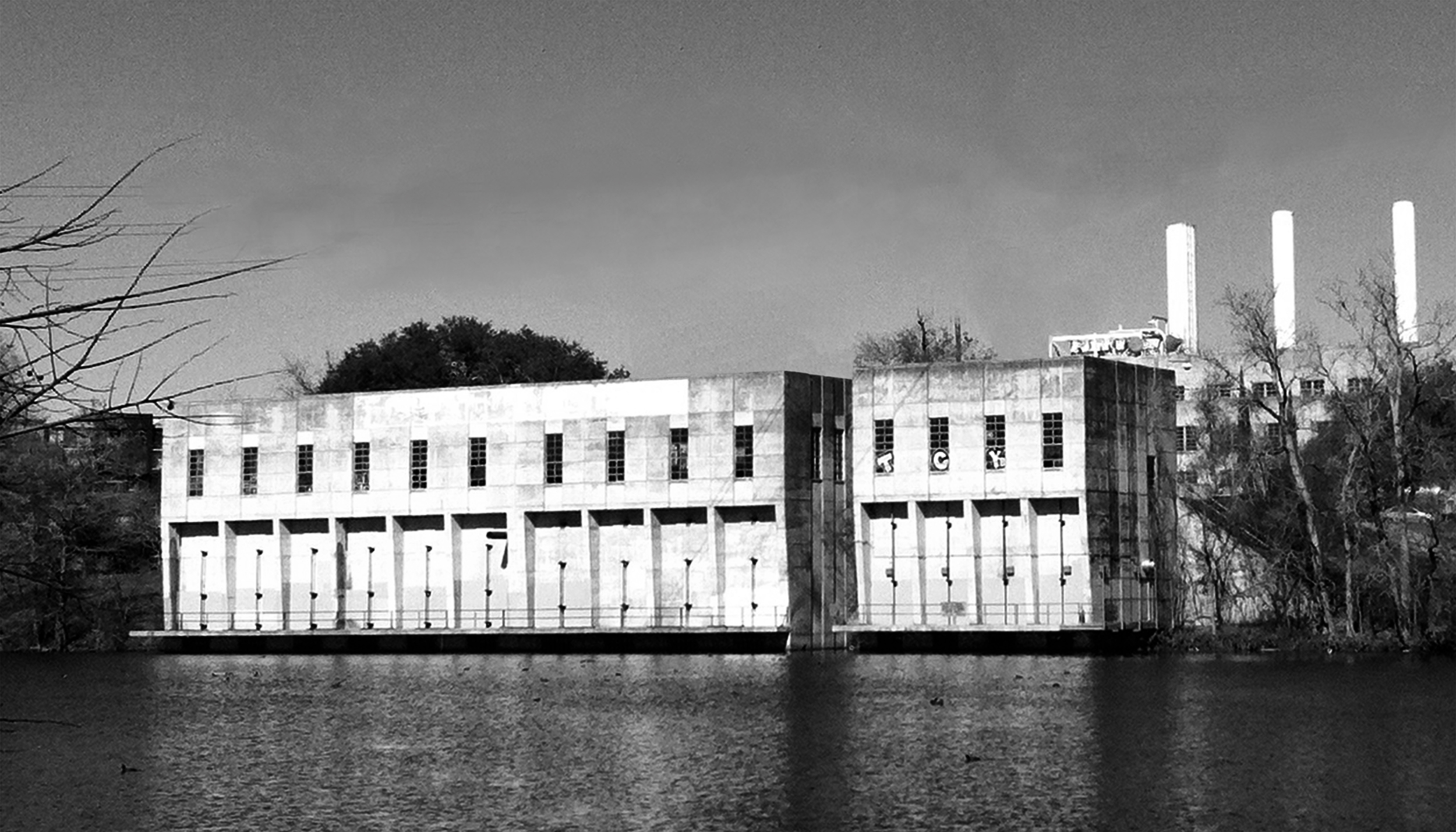 Existing condition of decommissioned Intake Building along Lady Bird Lake.