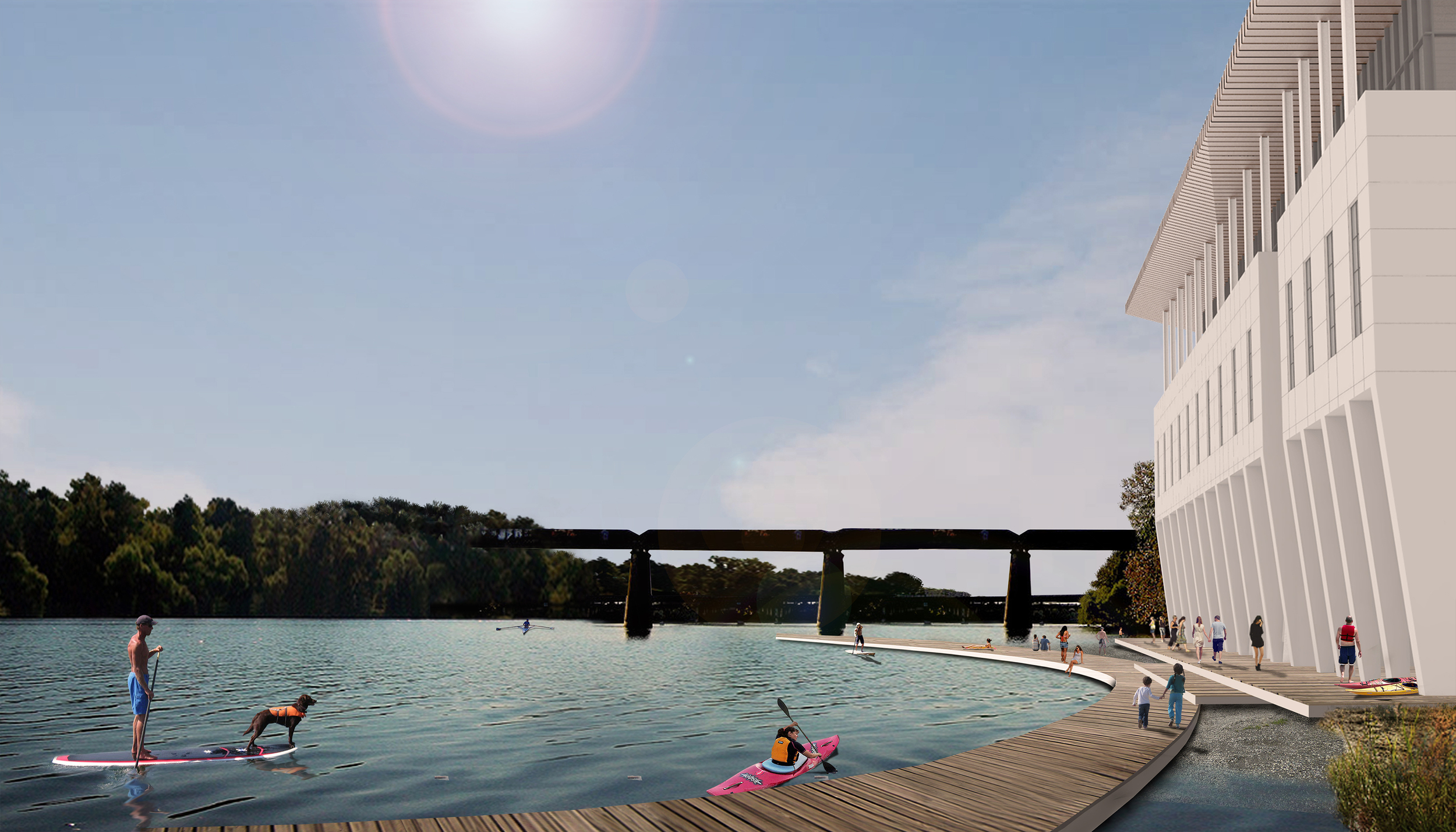 Cove-like dock reaches out and welcomes kayakers.