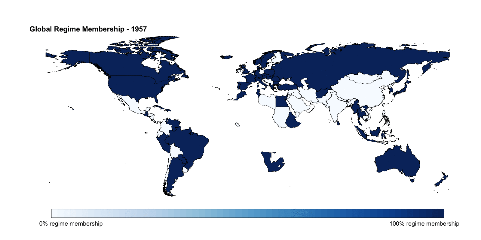 Membership in the nuclear nonproliferation regime by state over time.
