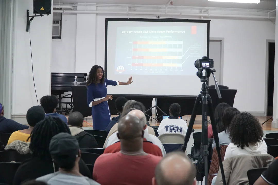 CEO Tai Abrams conducts a Specialized High School workshop for families at the Harlem YMCA. Photography by Nancy Fernandez