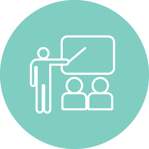 Icon of a teacher pointing at a board in front of two students on a teal background.