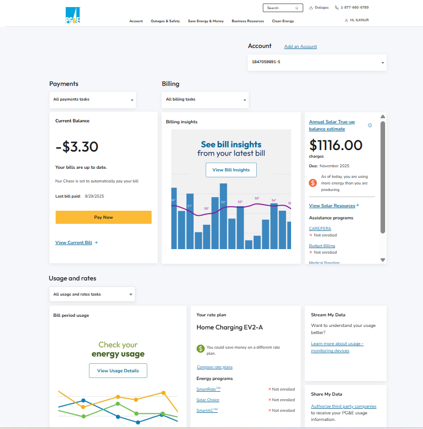 PG&E account home page showing billing and usage overview.