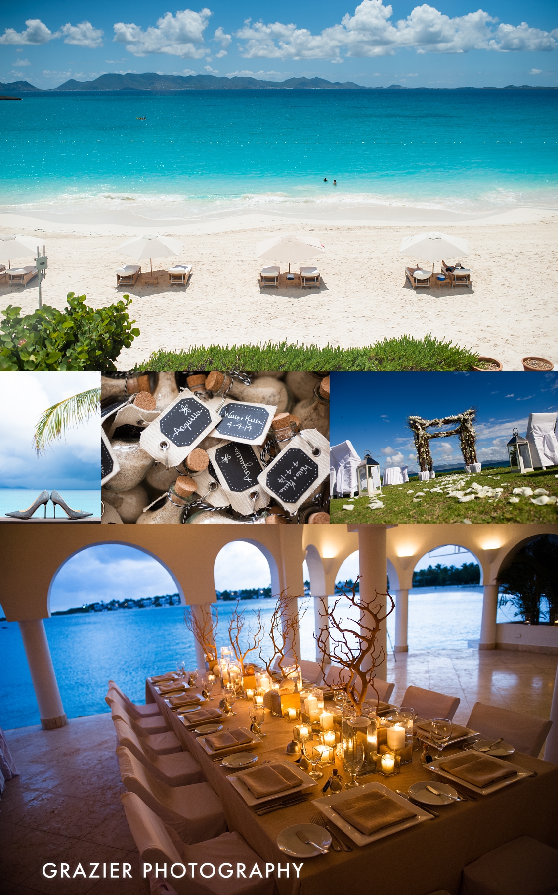 Cap Juluca is an absolutely lovely venue for a destination wedding. Here, the tables are set for an intimate reception dinner at the resorts waterfront restaurant, Pimms . Anguilla's sand is the softest we've ever experienced, so we adore the tiny bottles of sand as place cards! Black Orchid florists always does a fabulous job with the floral arrangements (bouquet and ceremony).
