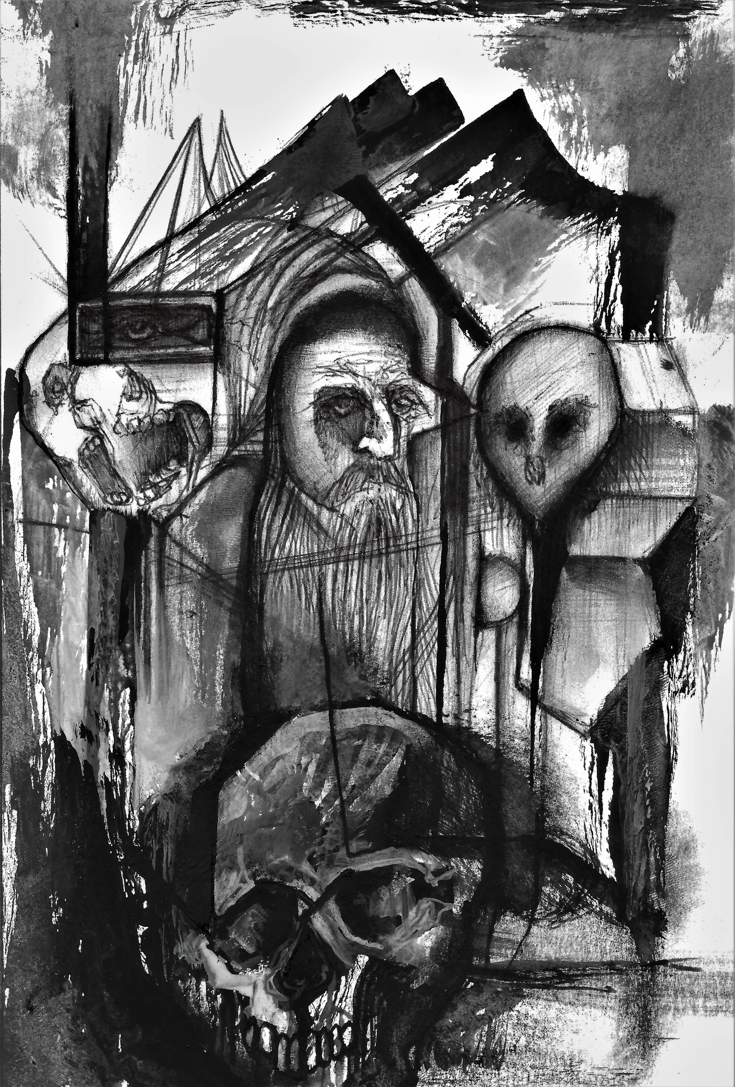 (life and death on the mountain) pen, ink, and watercolor on paper