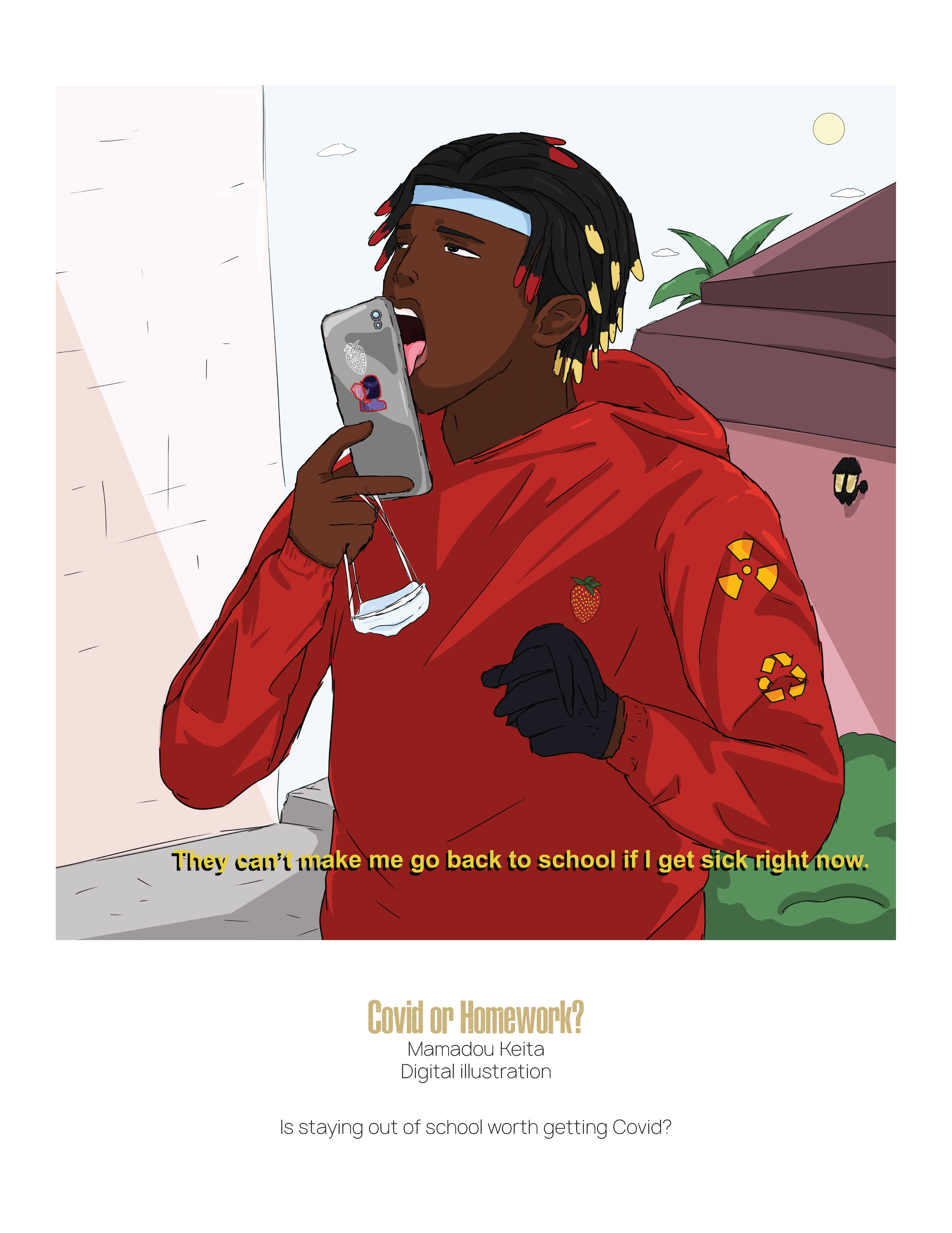 Covid or Homework? by Mamadou Keita, Digital Illustration of person licking phone