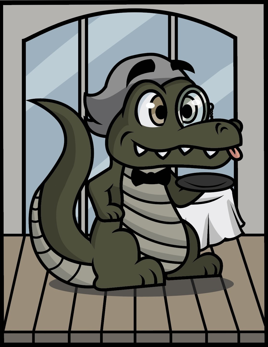 Waiter Gator - alligator with grey hair, monocle, bow tie, and serving tray with a derpy expression