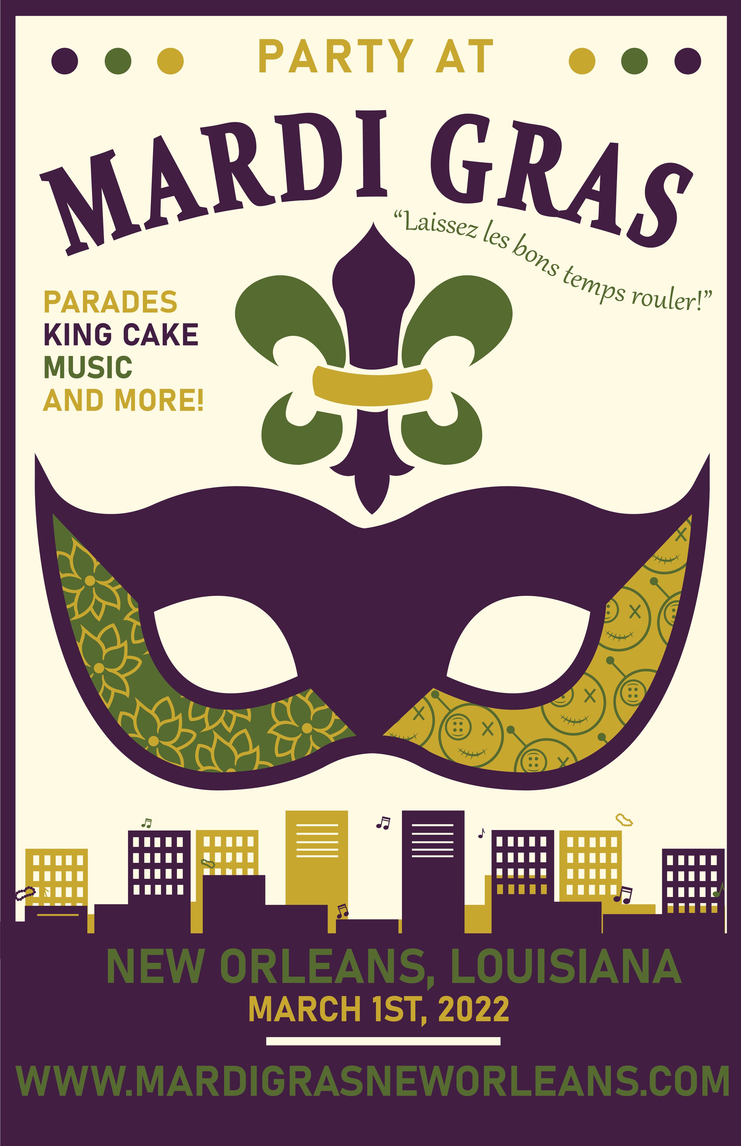 Mardi Gras poster with purple green and gold mask over a cityscape
