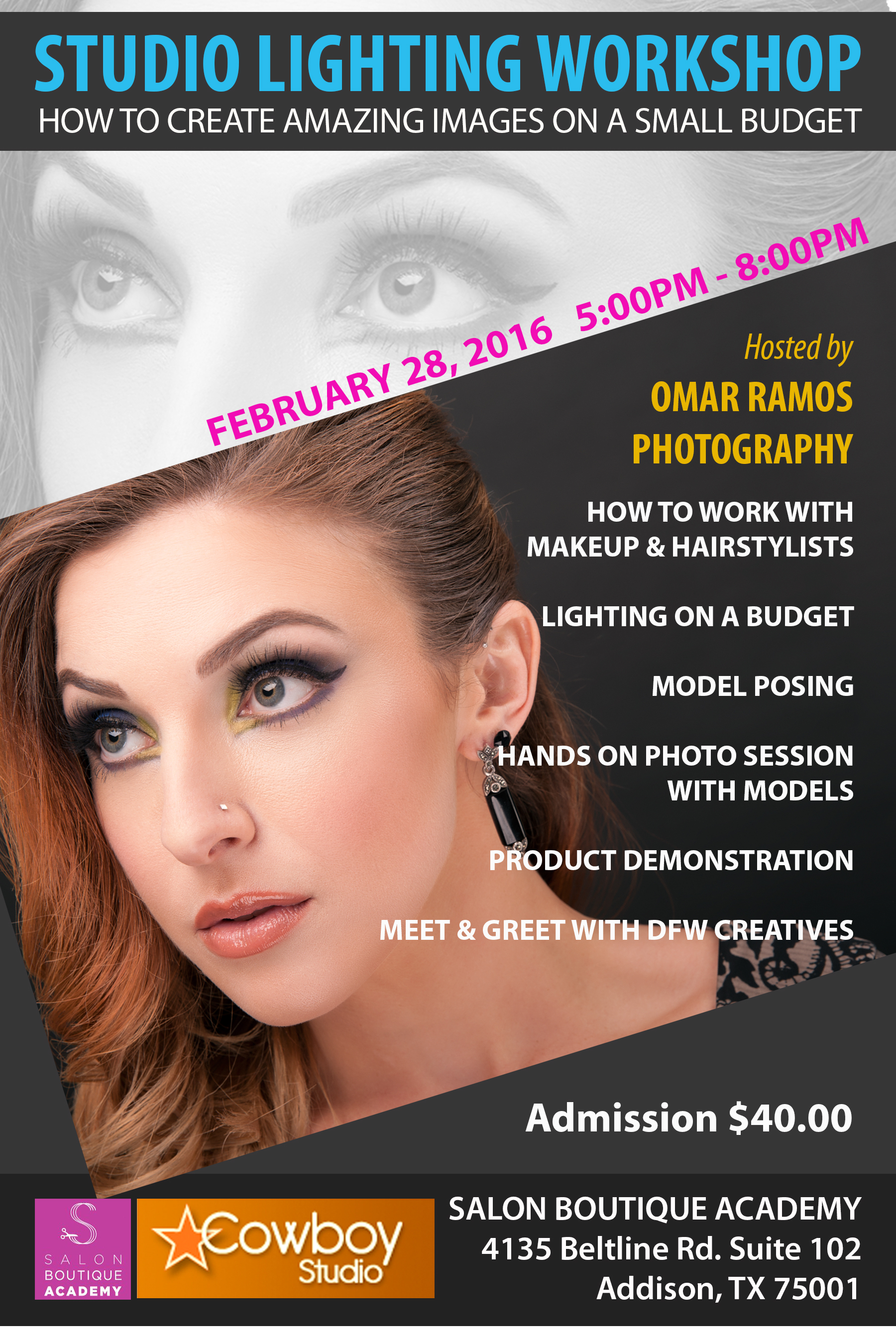 You can register online here: http://www.meetup.com/Small-Studio-Fashion-and-Portrait-Photography-Meetup/events/228414148/ https://www.eventbrite.com/e/photography-studio-lighting-workshop-tickets-21229318463