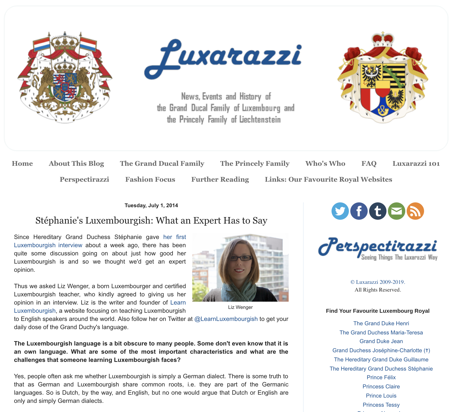 July 2014: an interview with Liz Wenger on Hereditary Grand Duchess Stéphanie's Luxembourgish
