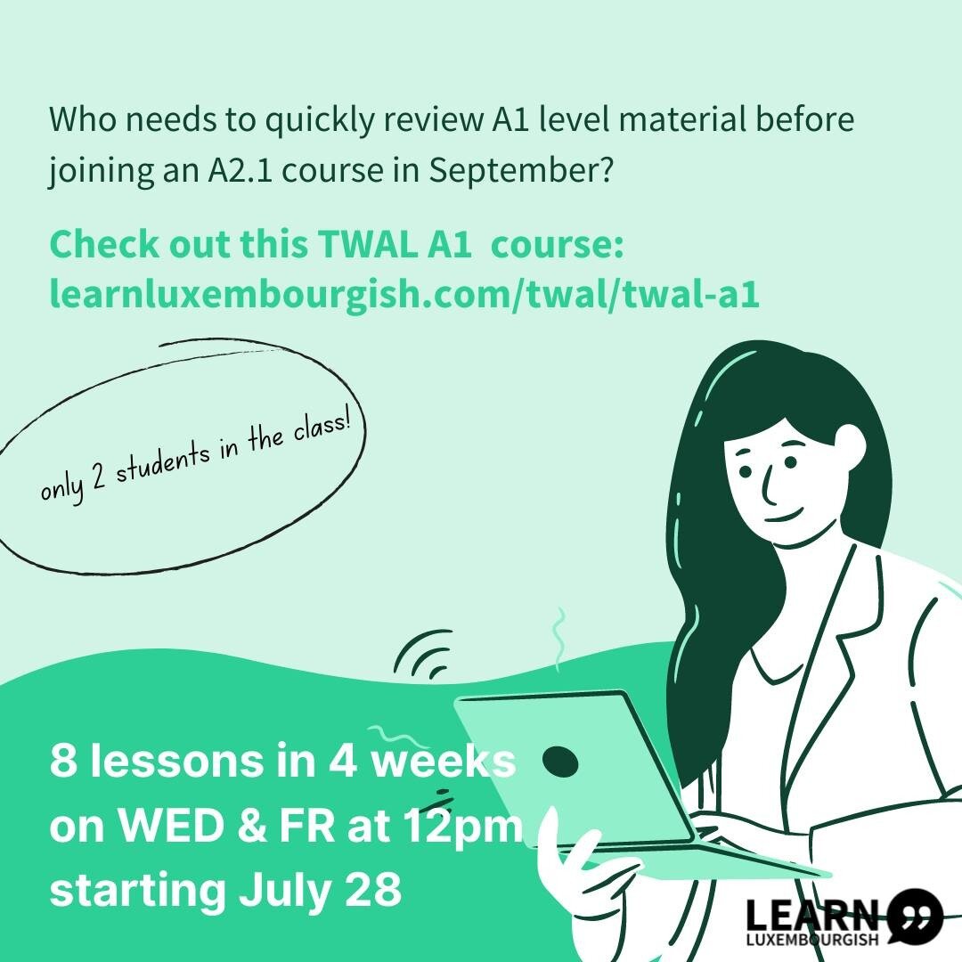 Who needs to quickly review A1 level material before joining an A2.1 #Luxembourgish course in September?

Check out this summer Skype course:
http://learnluxembourgish.com/twal/twal-a1

#Luxembourg #L&euml;tzebuerg #LearnLuxembourgish #Sproochentest 