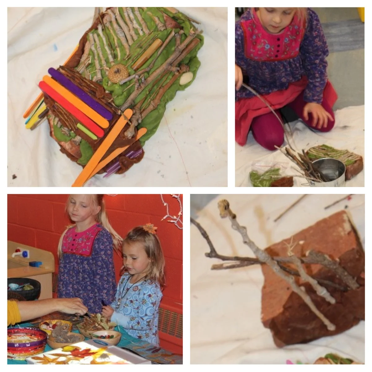 Children begin to build with brick, home made play dough and natural materials of their choice. Little plastic animals enhance story play.