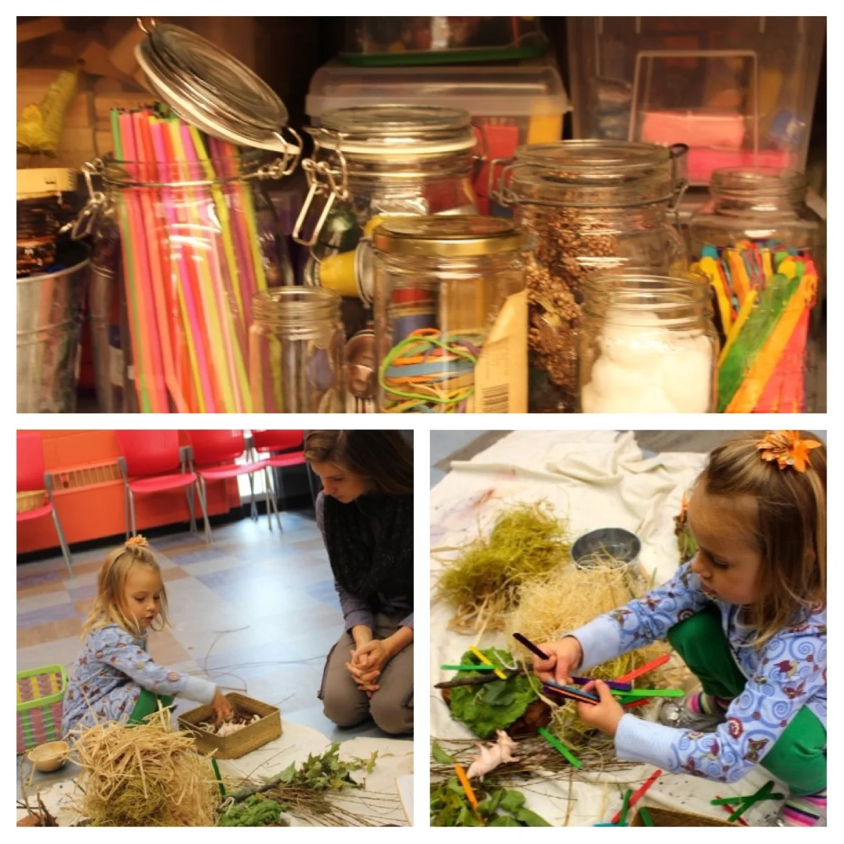 So many choices! Our student intern, Morgan, encourages story dialogue as children sift through materials. 