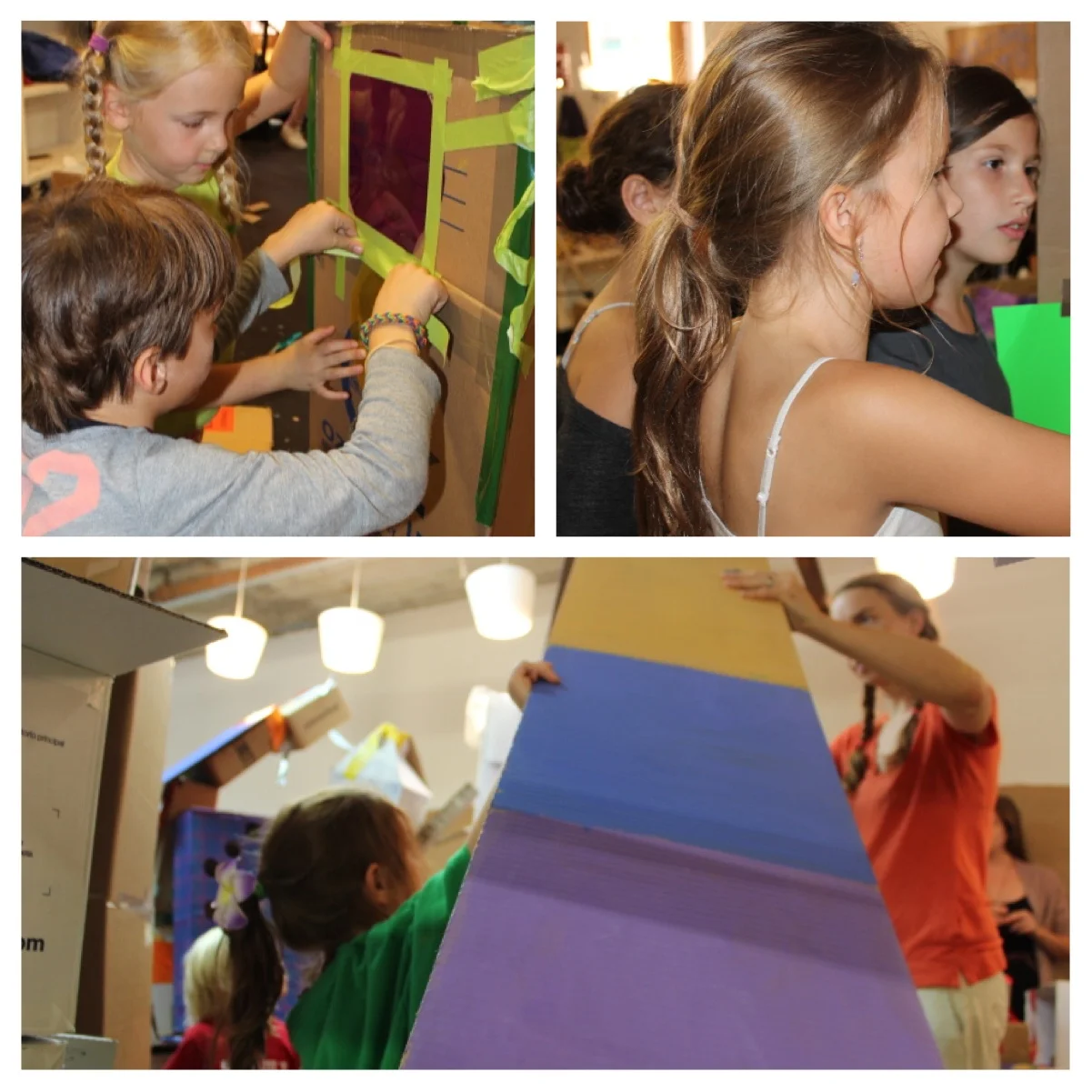 Two children tape the windows onto their rocket ship. Three girls discuss the design of their fast food restaurant. While Kristin helps children imagine the use of a long painted piece of board.