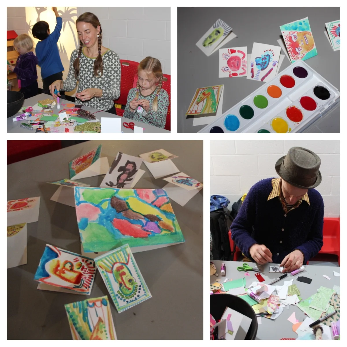 Teachers and children paint together. Watercolor on tiny cards are very appealing and draw out a lot of creativity over lively conversation and getting aquainted with our new friends.