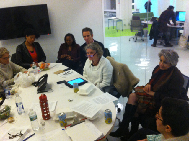 Calley Bittel, Takiema Bunche Smith, Ella Williams and Jim Matison (of Brooklyn Kindergarten Society), BNS principal Anna Allanbrook, Sherry Cleary (Director, NYC Professional Development Institute) and Beth Ferholt (Associate Professor, Early Childhood, Brooklyn College) discuss plans for the Brooklyn New School Infant Toddler Center, in a conference room at the Made in NY Media Center.