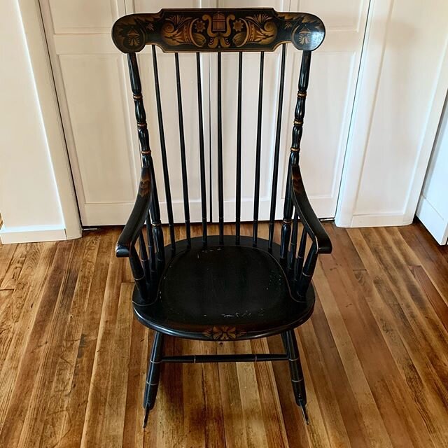 Cottage Update: I&rsquo;m finally cleaning up some pieces my Grandmother did for me over the years. How about this Classic Hitchcock Rocker!!! #rockingchair #connecticut #design #art #vintage