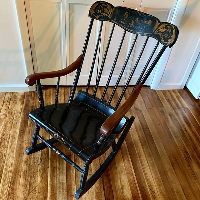 This is a Rocker my Grandmother painted after studying the Classic Hitchcock Gold stenciled Cape Cod Rockers. - Permanent Collection Cottage Vibe. All Luv #rockingchair  #cottagestyle #cabinlife #paintedfurniture