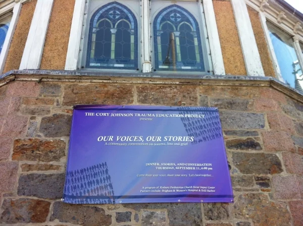Banner inviting community members to the first "Our Voices, Our Stories" event on September 11 at Roxbury Presbyterian Church.