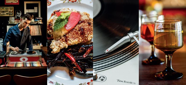 From left: Owner, bar man, and turntable master Kyle Linden Webster; Korean fried game hen with pickled watermelon ranch dressing; the No. 8 cocktail. Image: Stuart Mullenberg