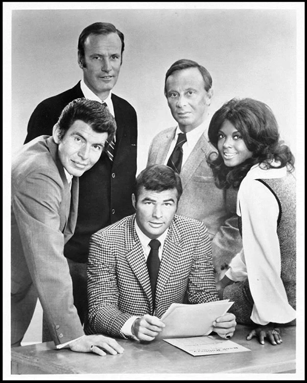 The cast of "Dan August": (clockwise from top left) Richard Anderson, Norman Fell, Ena Hartman, Burt Reynolds, and Ned Romero.