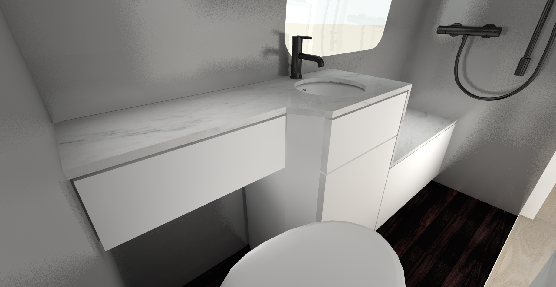 METAL WALLS, STONE CONTINUOUS COUNTER/BENCH WITH FRONT IN WHITE (TOILET VIEW)