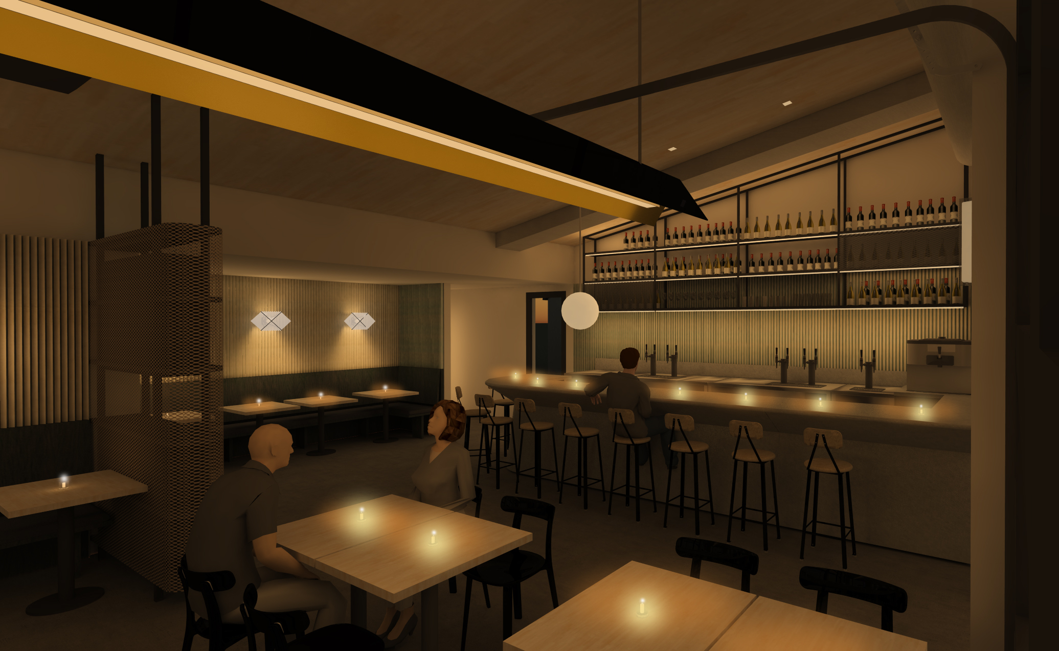 NIGHT TIME VIEW TOWARDS BAR - LIGHT WOOD TABLES