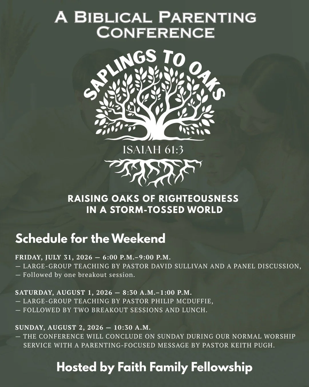 🚨REGISTRATION IS OPEN!

You can find all the important information and the registration link on the webpage! ⤵
&mdash; https://faithfamilyonline.com/parenting-conference