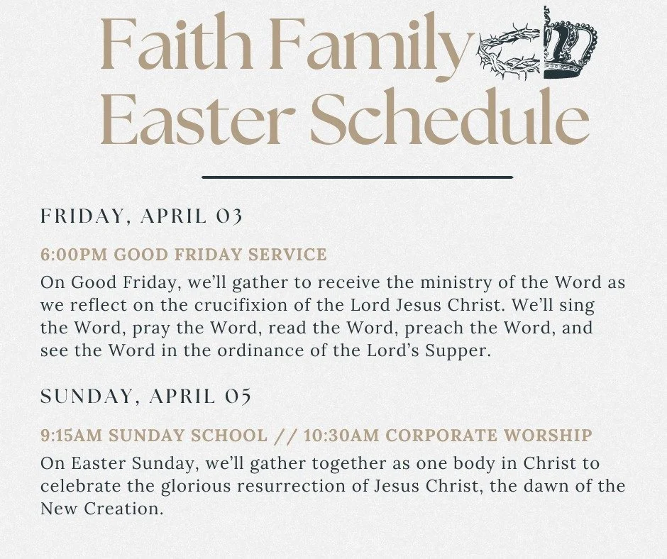 Here&rsquo;s a reminder of what our schedule looks like this weekend. Be sure to share it. In love, invite some folks to join you.

Matthew 28:5-6: "But the angel said to the women, 'Do not be afraid, for I know that you seek Jesus who was cruci