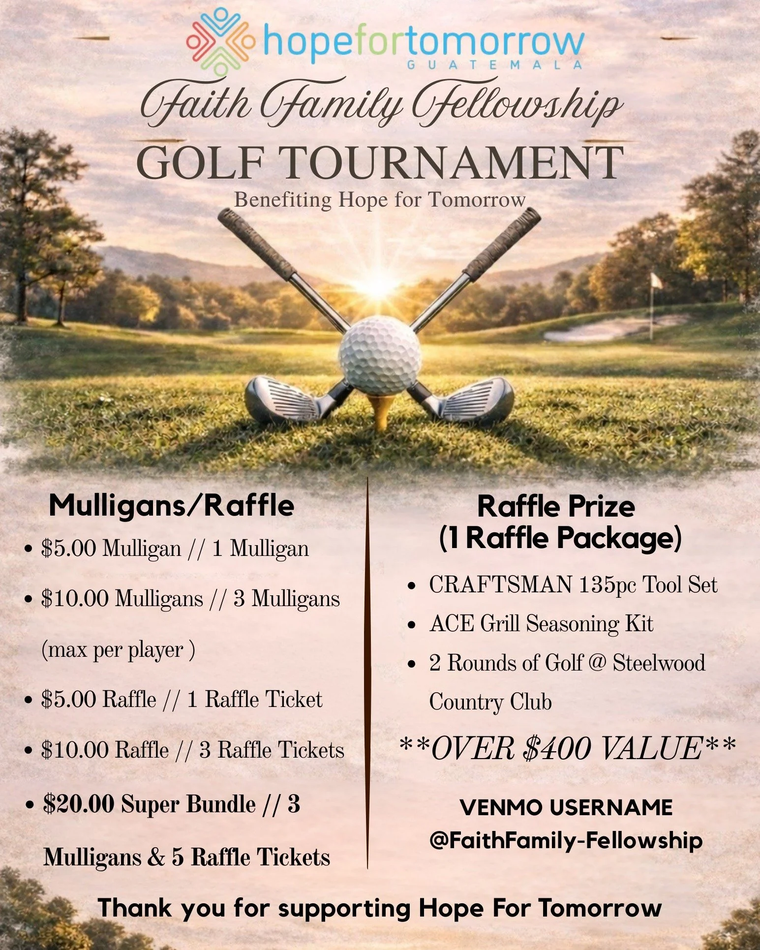 🚨 Today is the day! ⛳ 
➡ Here's a look at some options you'll have at registration today. ⤵

MULLIGANS/RAFFLE
&mdash; $5.00 // 1 Mulligan 🏌️&zwj;♂️
&mdash; $10.00 // 3 Mulligans 🏌🏌🏌
&mdash; $5.00 Raffle // 1 Raffle Ticket 🎟
&mdash; $10.00 Raffl