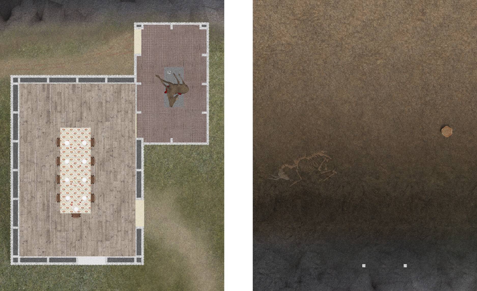 Tradition shows its presence but is burdened by the overbearing weight of mania above. The simple construction is fragmented, impulsive and unfinished, like the hunter himself. In plan the two worlds are placed next to each other, separated only by a thin cladding, the hide of both rooms. 