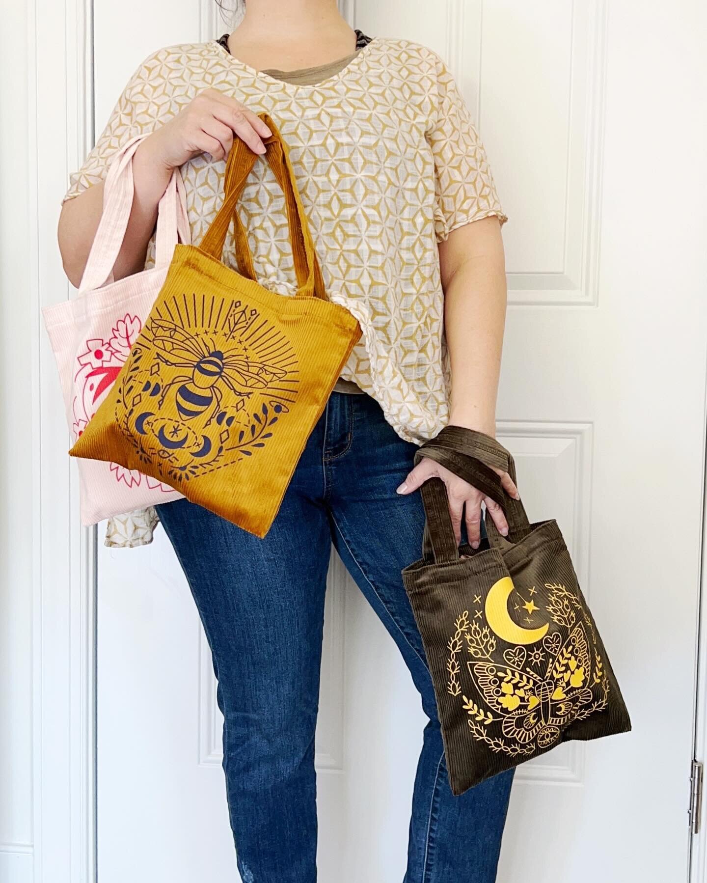 So excited to offer these super cute corduroy totes. They come in three designs. They are the perfect size for crafty projects, your current book and your iPad fits perfectly! #rikrackembroidery #lunarmoth #totebag #ipadbag