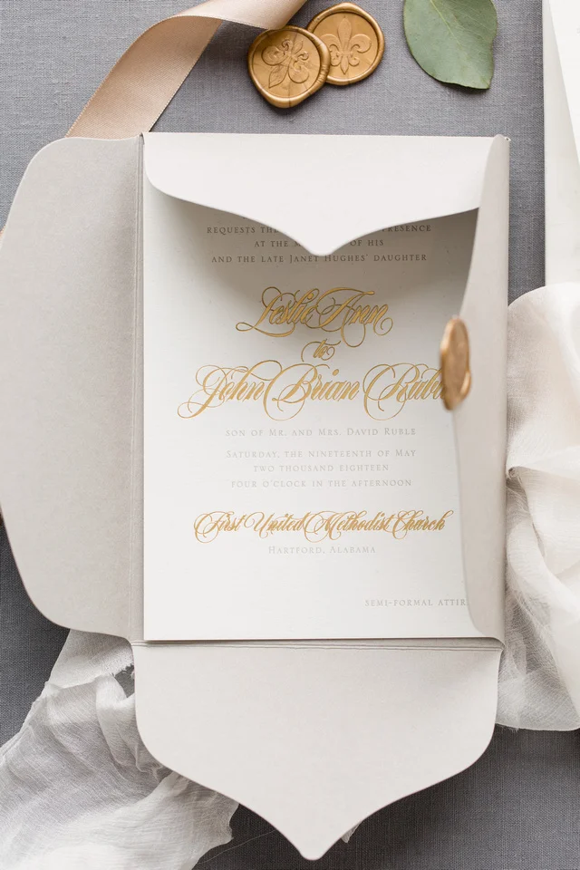 Shown: Letterpress + Foil Stamping / 1ply Smooth Cotton paper with Lotus Inner Envelope and 1” Wax Seals Pricing as shown, 100 pieces: $1,362 ($1,162 without wax seals)
