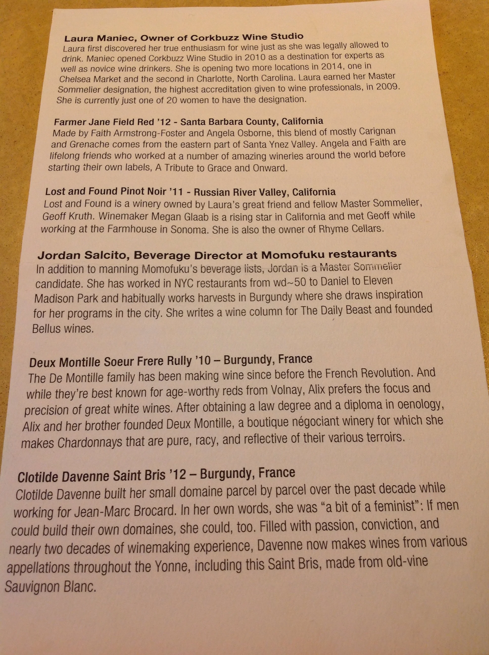 Wine menu page 1, photo by Shana Sokol, Shana Speaks Wine