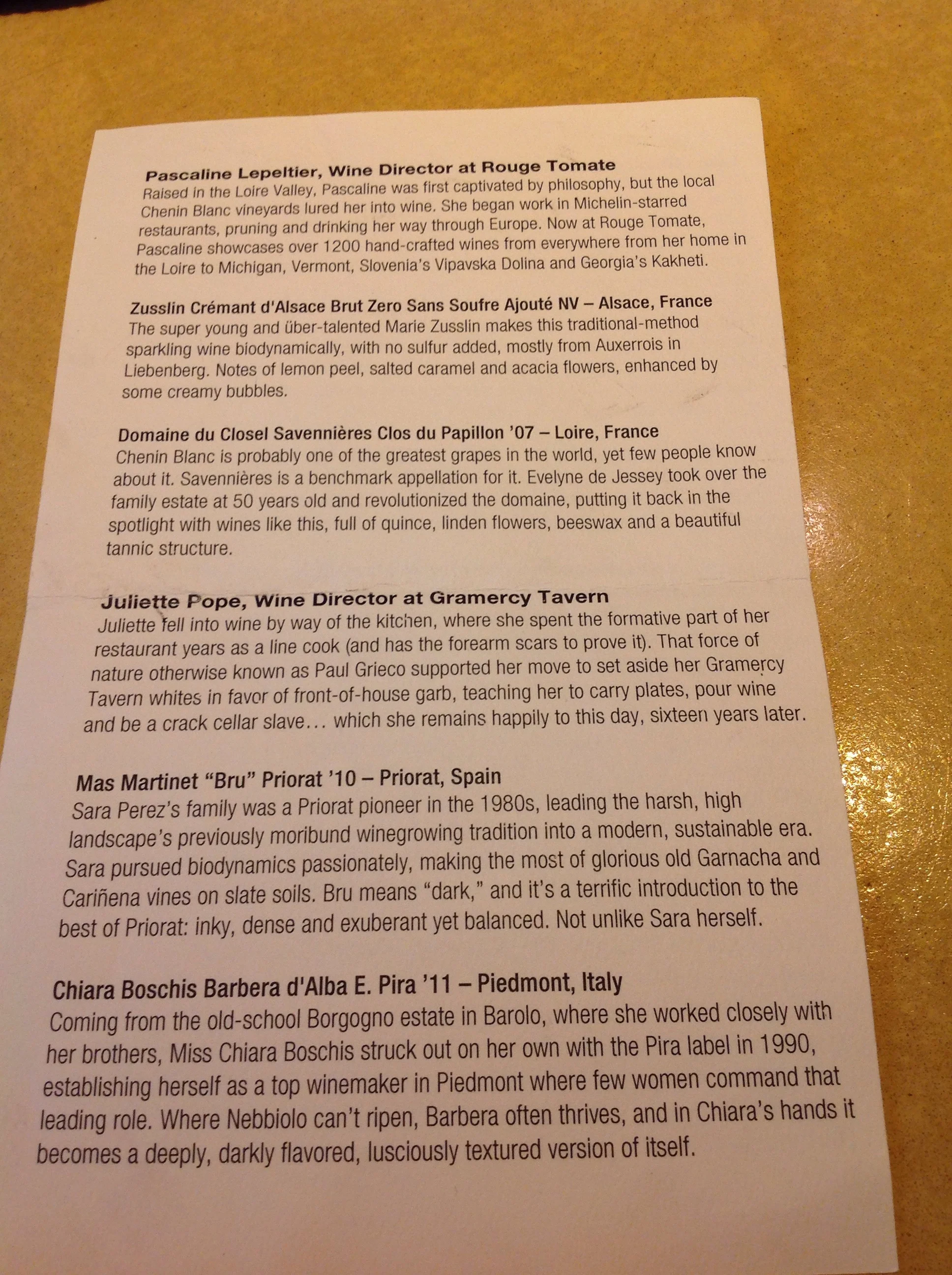 Wine menu page 2, photo by Shana Sokol, Shana Speaks Wine