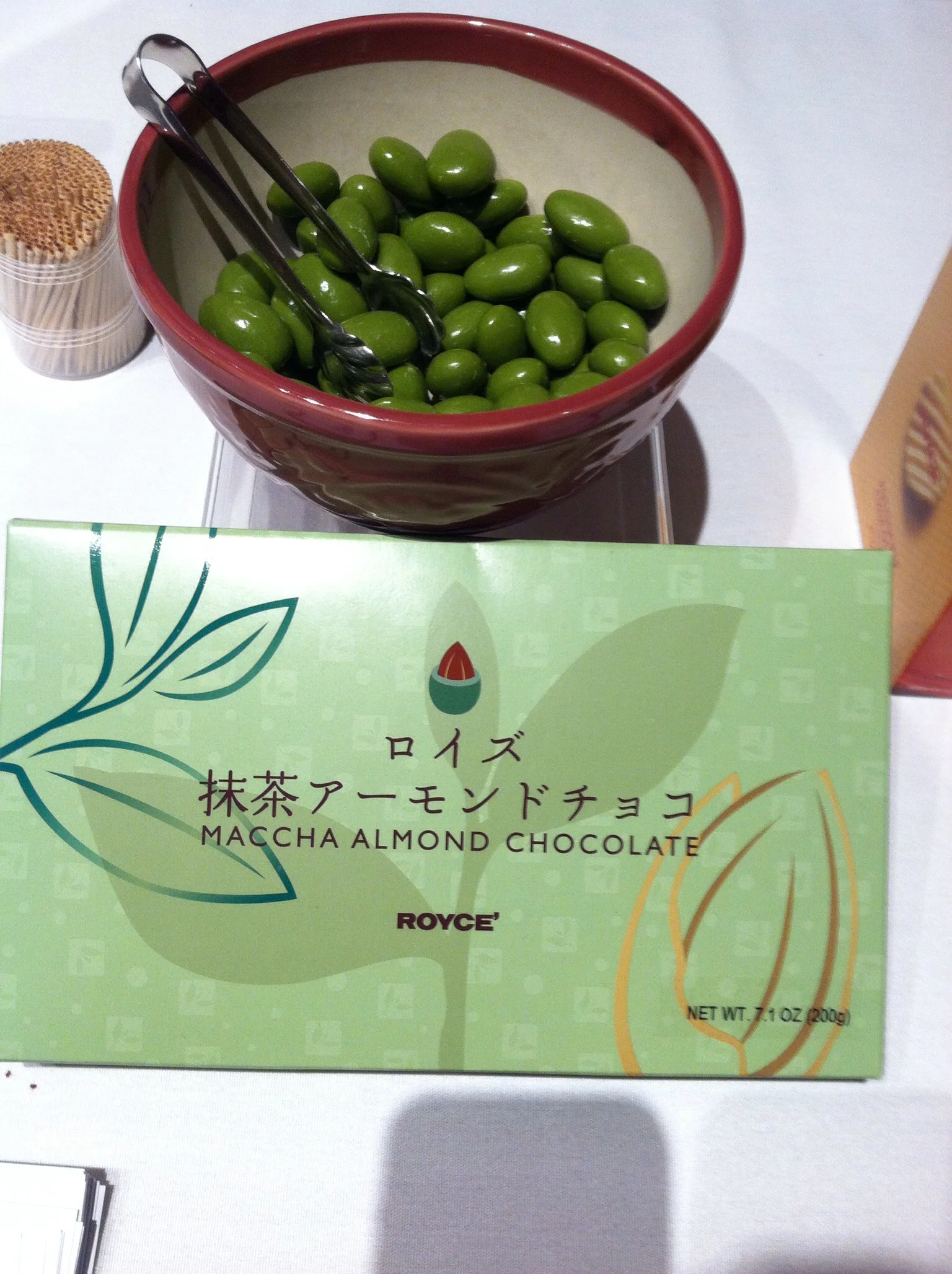 These Royce matcha almond chocolates were amazing. Don't let the Kermit color scare you. Photo by Shana Sokol, Shana Speaks WIne.