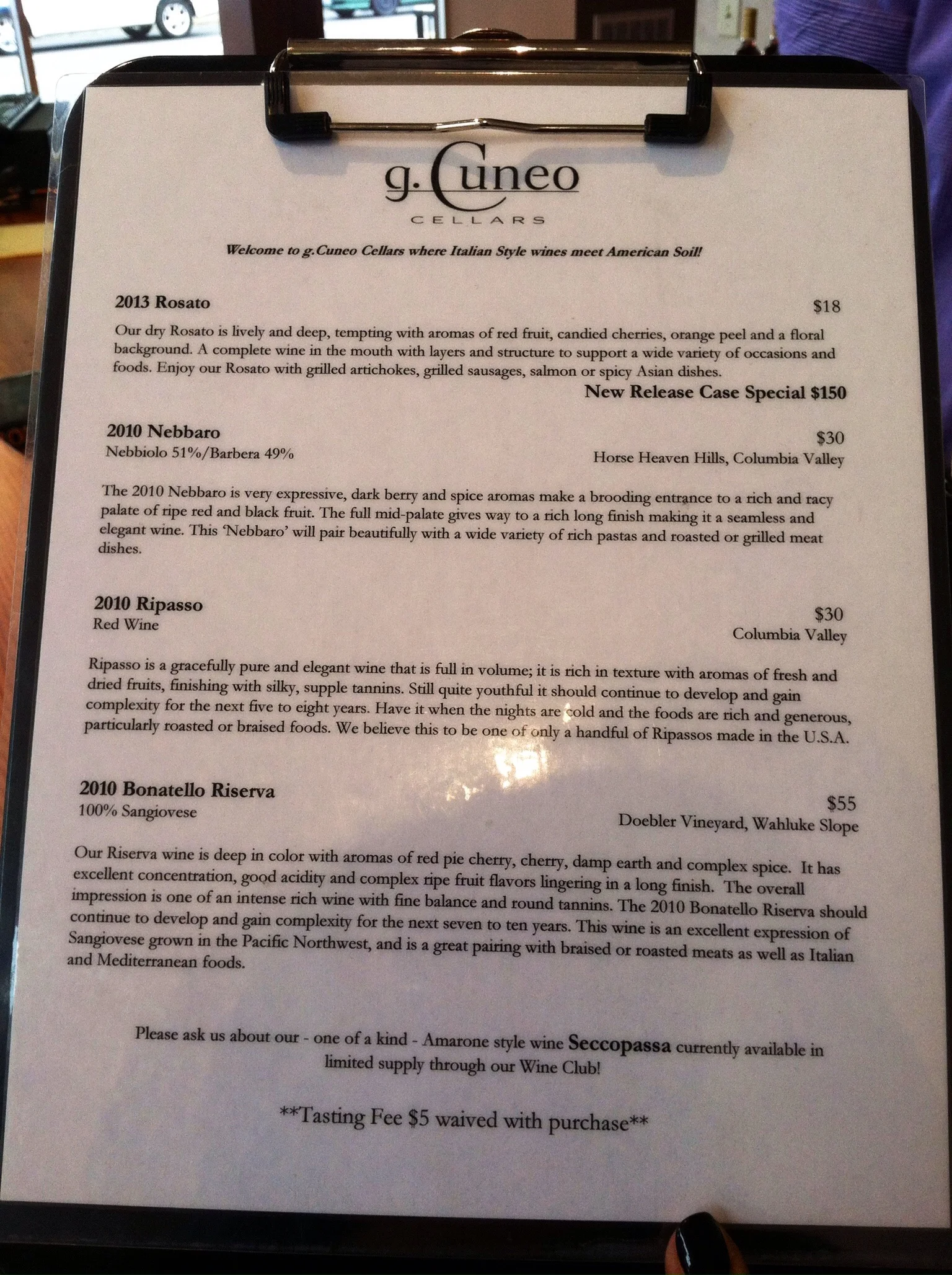 The tasting lineup at G. Cuneo. Photo by Shana Sokol, Shana Speaks Wine. 