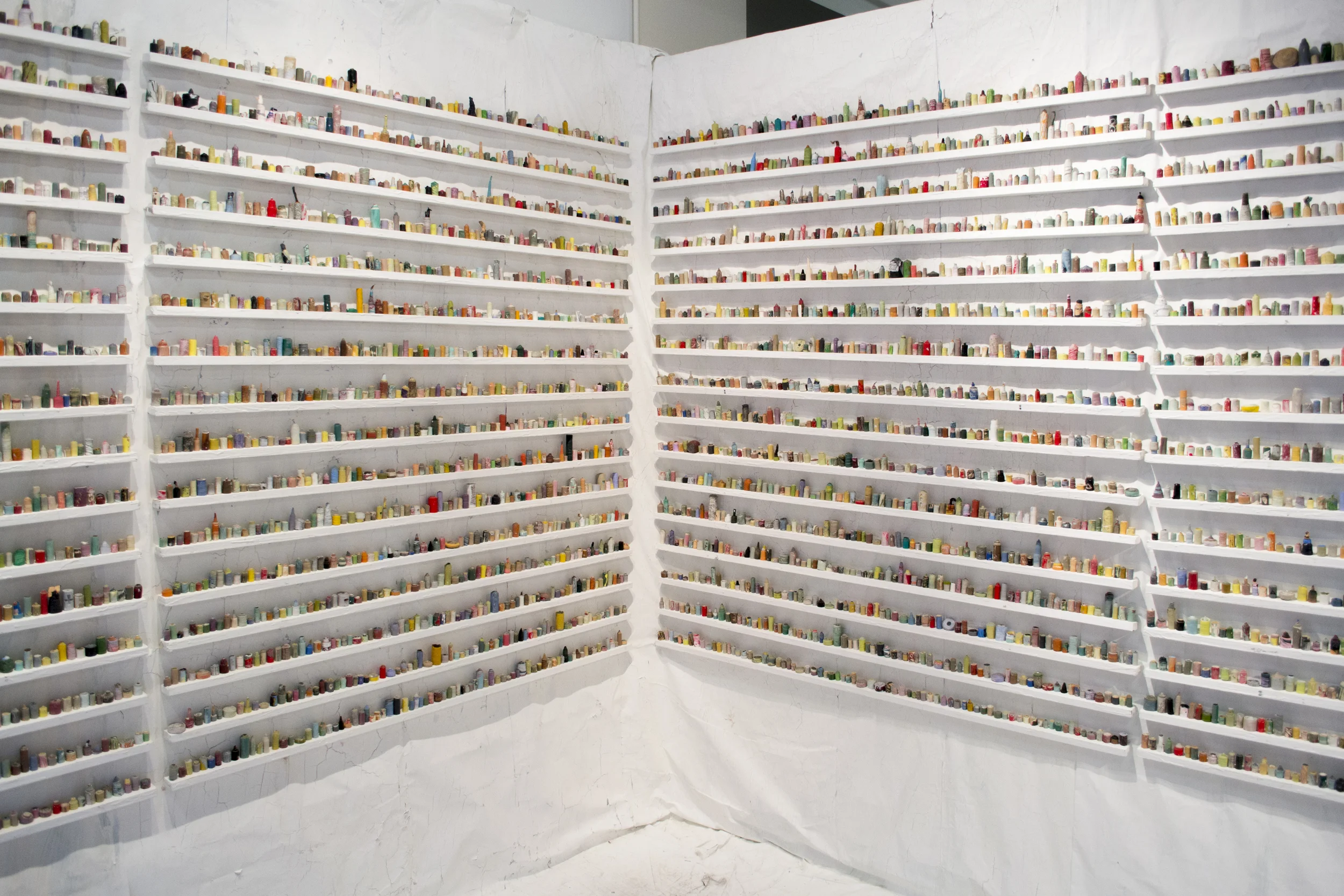  paintskins on wooden shelves, paintskin on wall and floor  2015 