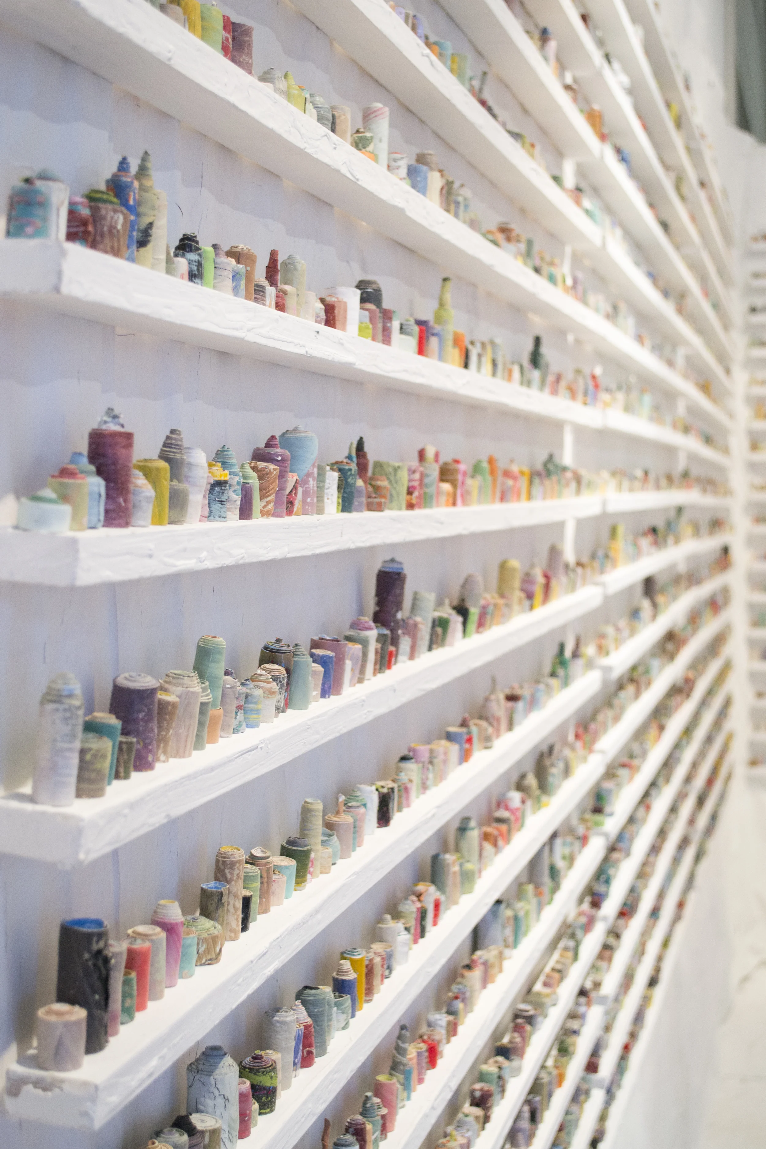  paintskins on wooden shelves, paintskin on wall and floor  2015 